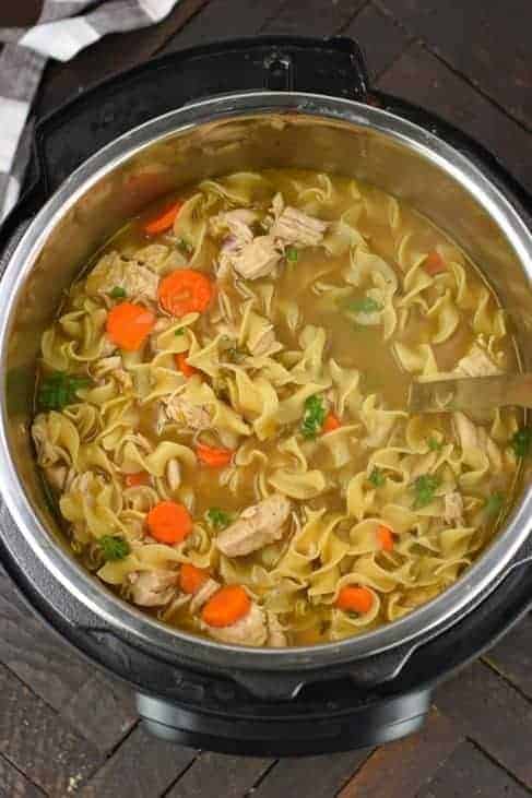 Instant Pot filled with homemade chicken noodle soup.