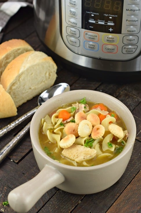 Instant Pot Chicken Noodle Soup, cup of soup with oyster crackers.