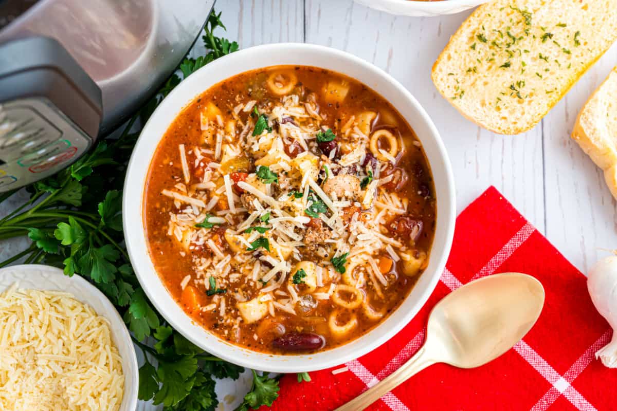 Pasta e Fagioli soup served in a white bowl.