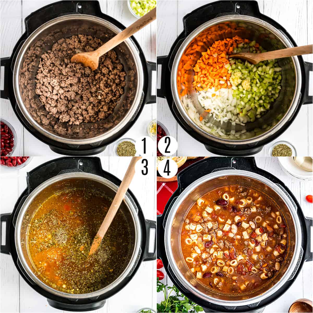 Step by step photos showing how to make Instant Pot pasta e fagioli soup.
