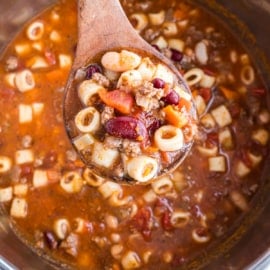 Easy Pasta e Fagioli Soup Recipe made in the Instant Pot. You'll love this hearty comfort food with the trifecta of meat, pasta, and vegetables!