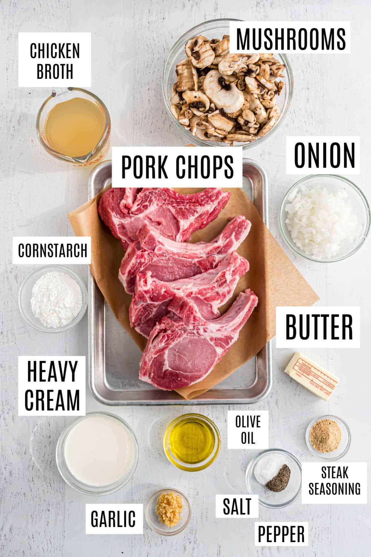 Ingredients needed to make pork chops in pressure cooker.
