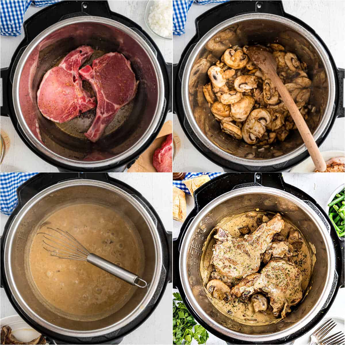 Step by step photos showing how to make pork chops in the pressure cooker.