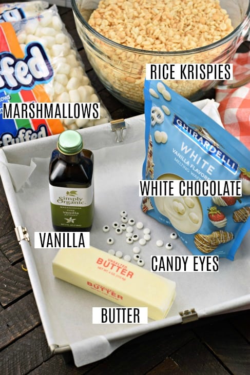 Ingredients needed to make mummy rice krispie treats.