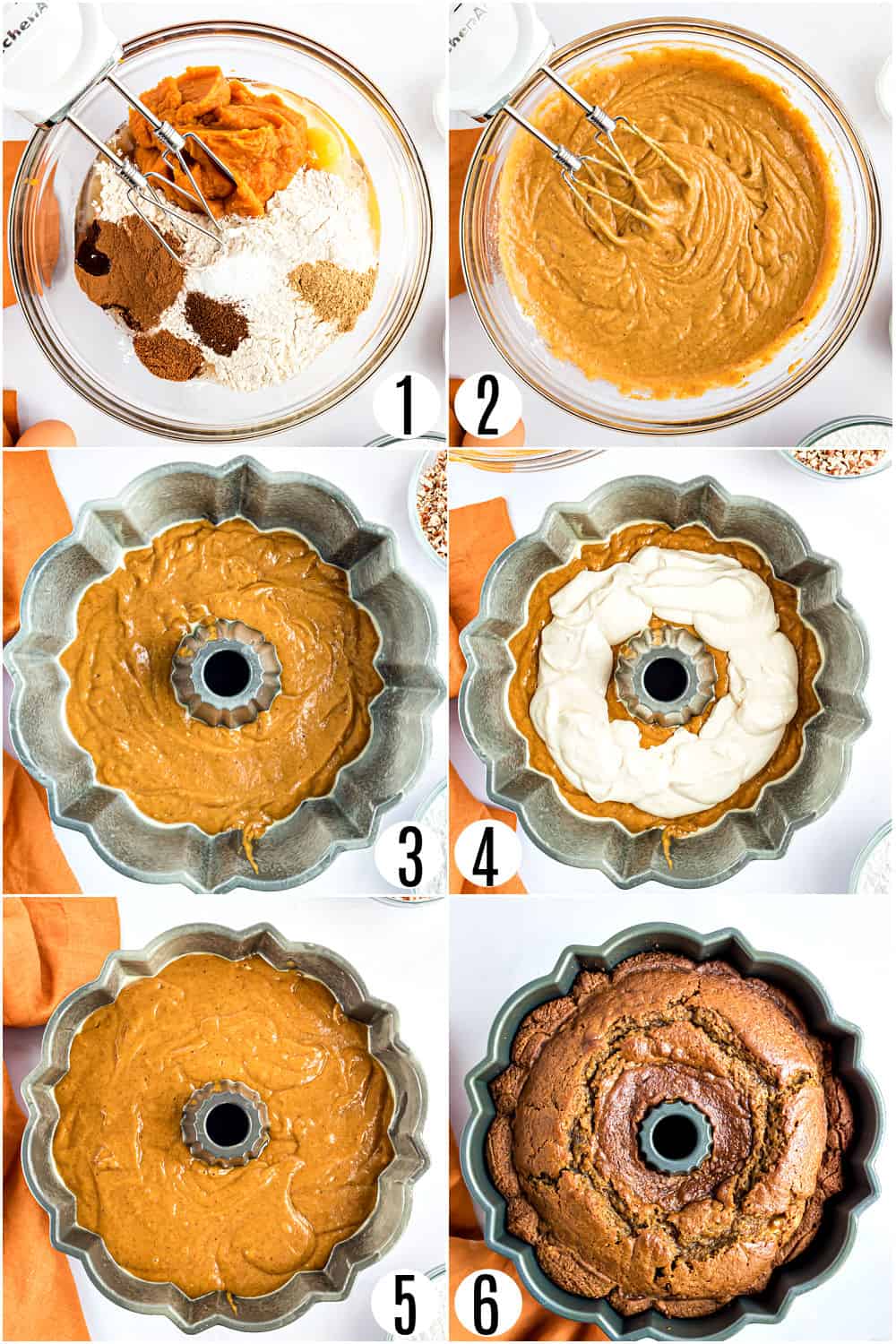 Step by step photos showing how to make pumpkin bundt cake.