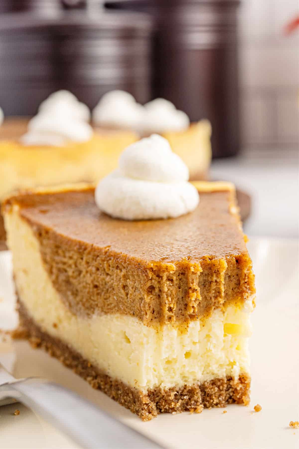 Slice of pumpkin swirled cheesecake with a bite removed.