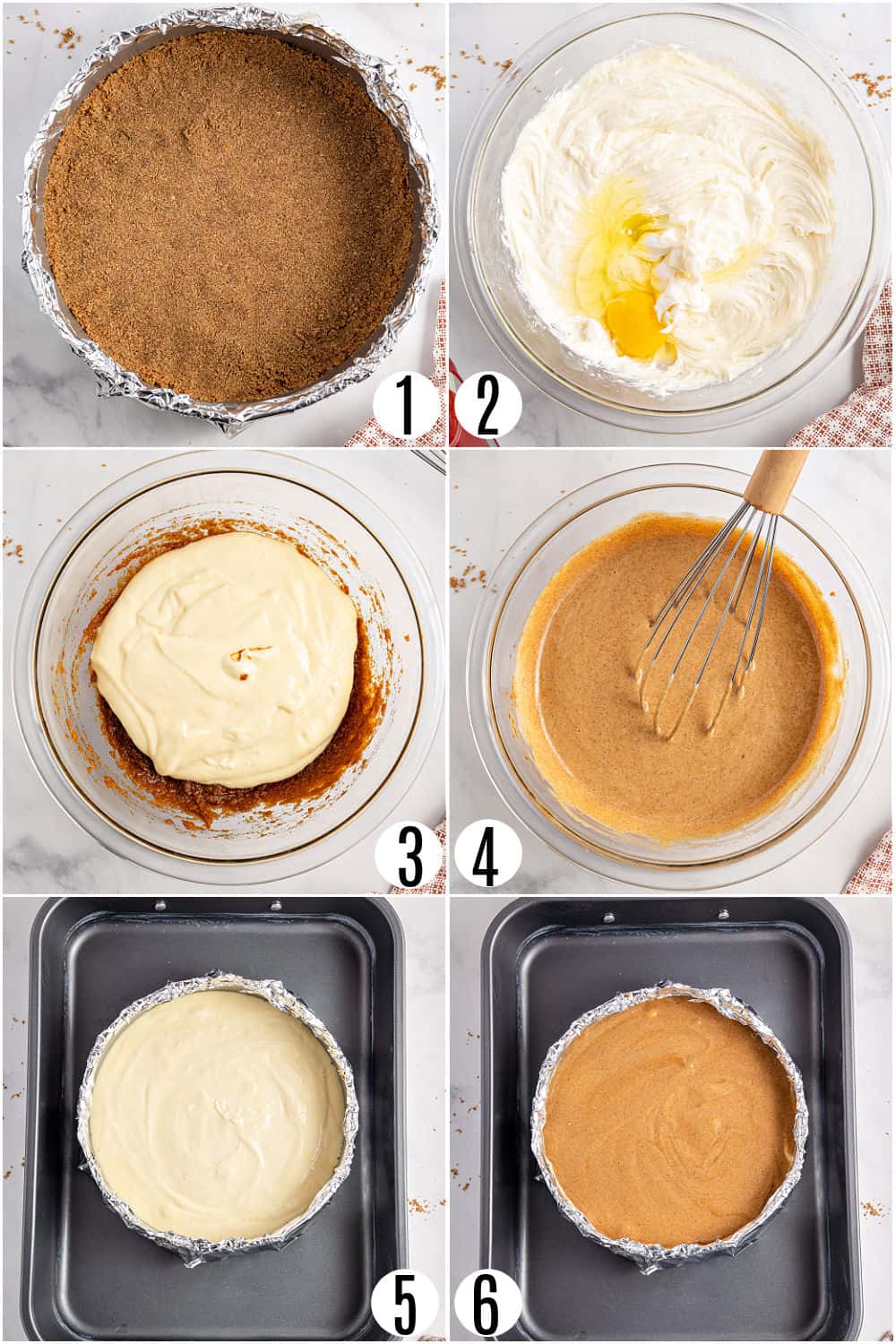 Step by step photos showing how to make pumpkin pie cheesecake.