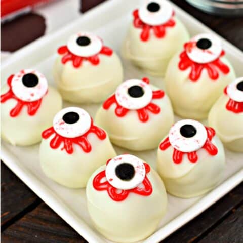 Red velvet cake balls with eyeball decroations.