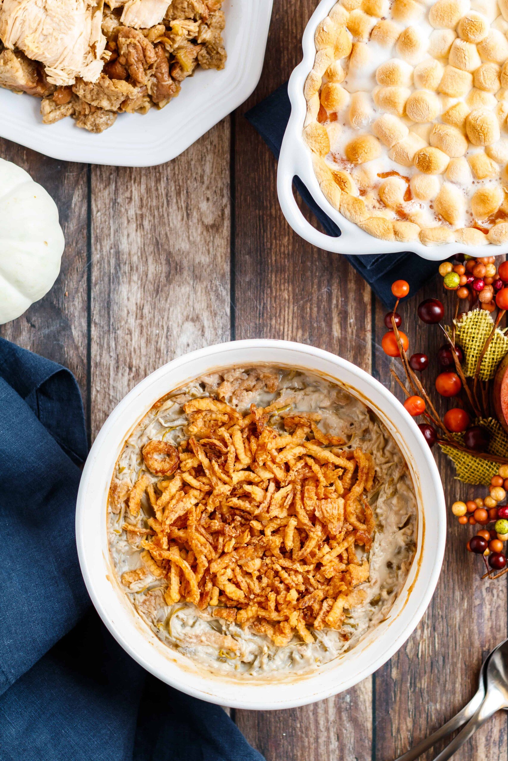 Sreving bowl with green bean casserole and French's crispy fried onions.