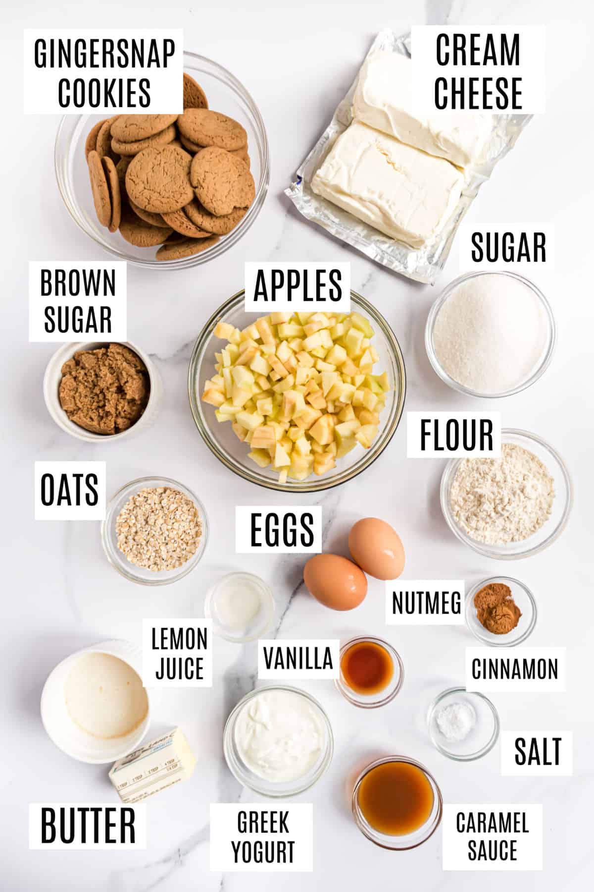 Ingredients needed to make caramel apple cheesecakes in muffin tins.