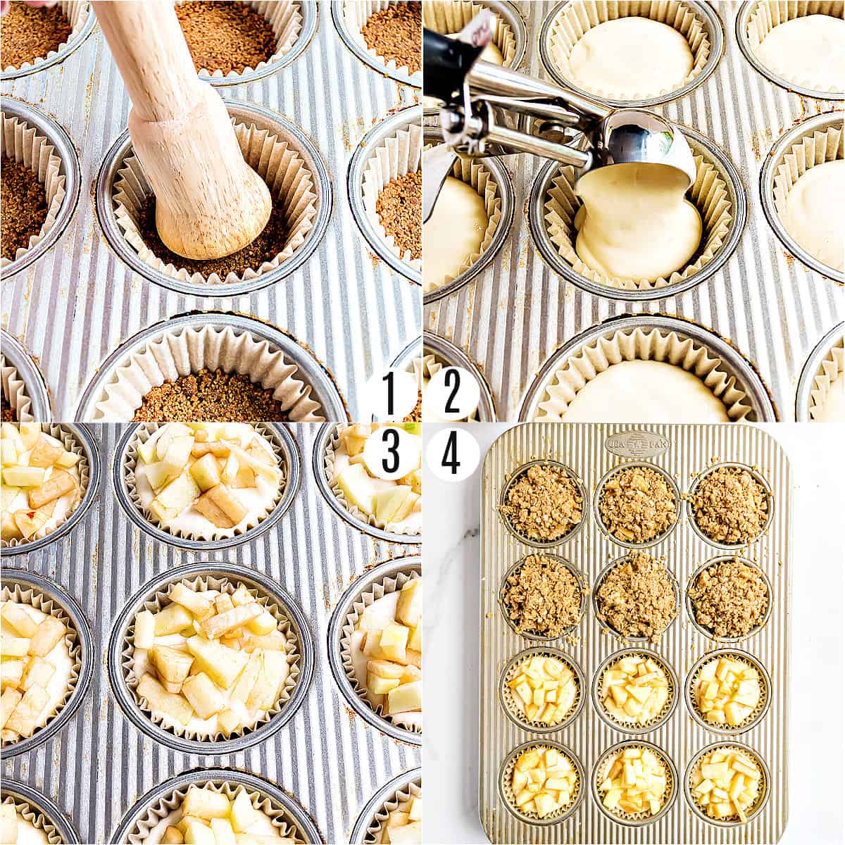 Step by step photos showing how to make mini caramel apple cheesecakes.