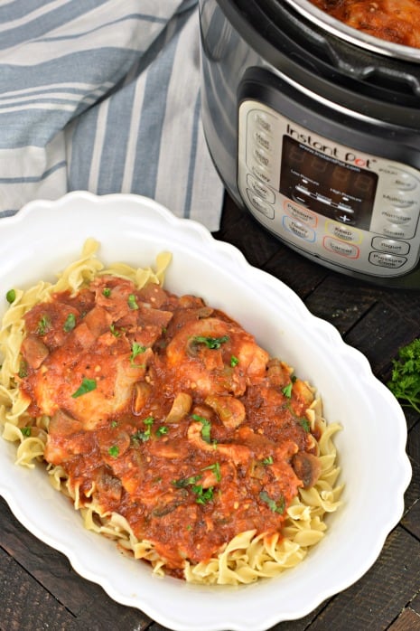 Hearty Chicken Cacciatore Recipe made in the Instant Pot for an easy weeknight dinner. Packed with flavor from tomatoes, mushrooms, chicken, and herbs!