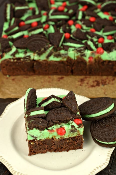 Thick and fudgy Chocolate Brownies. Grinch brownies with a green mint ganache, mint Oreos, and red hot candies! Perfect for Christmas. Thick and fudgy Chocolate Brownies. Grinch brownies with a green mint ganache, mint Oreos, and red hot candies! Perfect for Christmas.