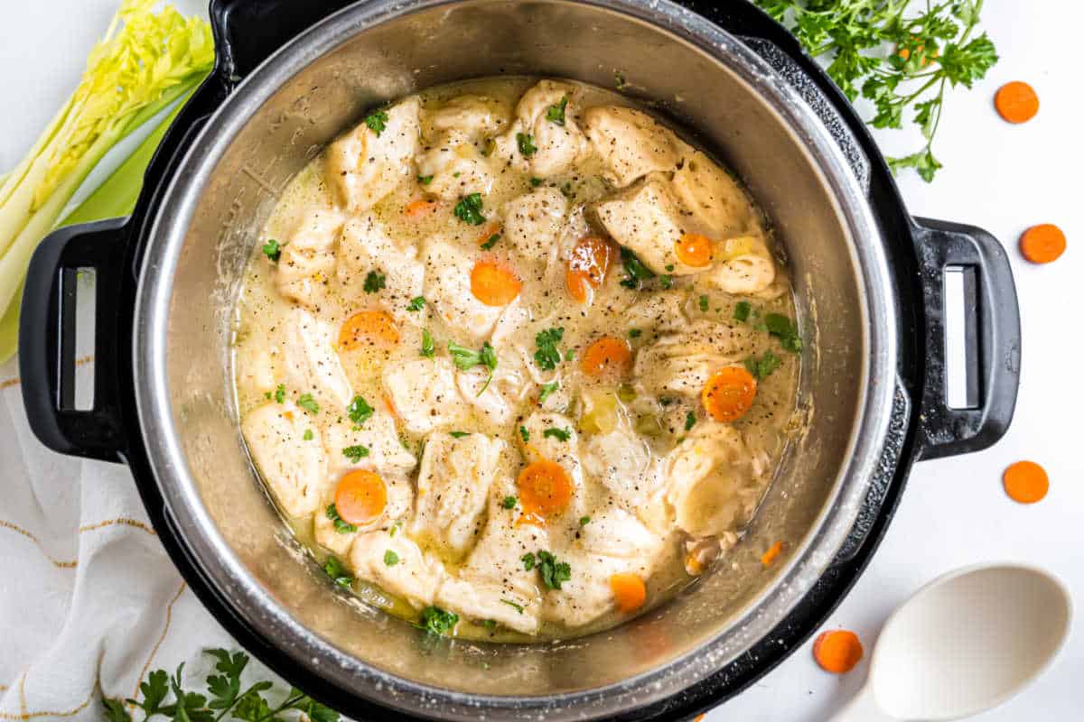 Chicken and dumplings with carrots and herbs cooked in an Instant Pot, surrounded by fresh vegetables and a spoon, perfect for a comforting homemade meal.