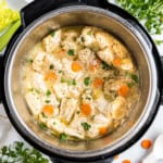 Chunks of chicken, carrots, and herbs in broth simmer inside an Instant Pot—perfect for a comforting chicken and dumplings meal, ready to serve.