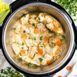 Chunks of chicken, carrots, and herbs in broth simmer inside an Instant Pot—perfect for a comforting chicken and dumplings meal, ready to serve.