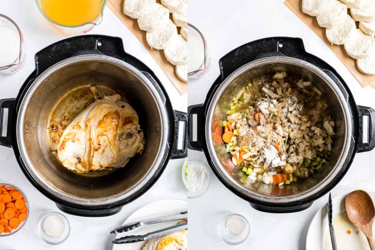 Side-by-side images of an Instant Pot: left with browned chicken for chicken and dumplings, right with added chopped veggies and seasonings.