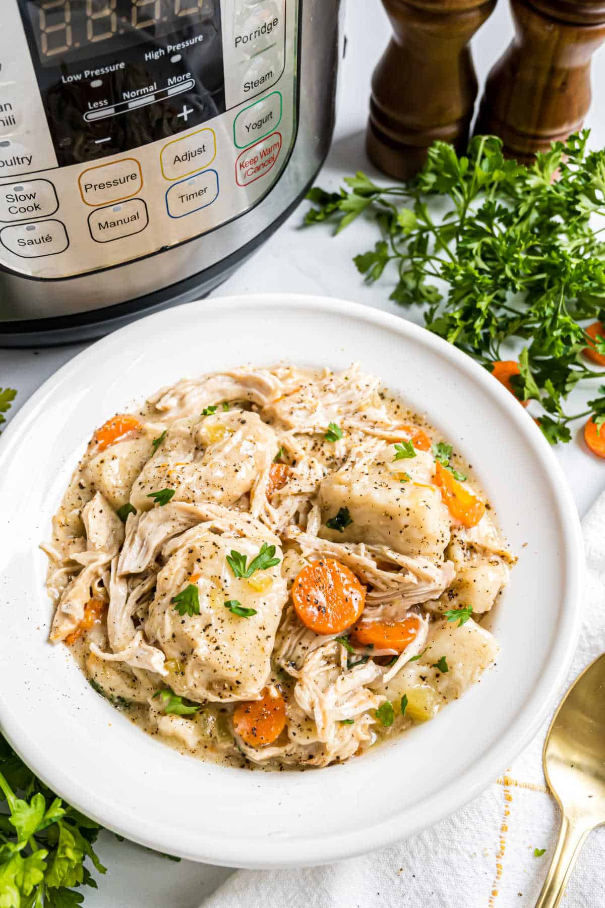 A bowl of chicken and dumplings with carrots and herbs, next to an Instant Pot and fresh parsley, captures the comforting essence of homemade chicken and dumplings straight from your kitchen.