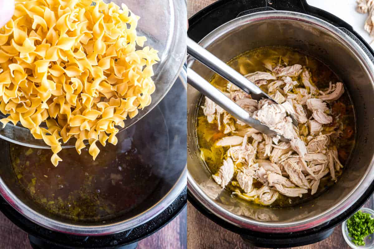 Left: Pouring egg noodles into a pot. Right: Mixing shredded chicken in broth with tongs in an Instant Pot to make homemade chicken noodle soup.