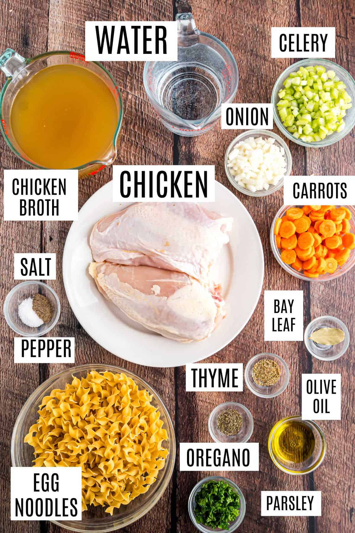 Ingredients for chicken noodle soup labeled and arranged on a wooden surface, featuring chicken, broth, veggies, and herbs. Perfect setup to prepare a comforting bowl of classic chicken noodle soup at home.