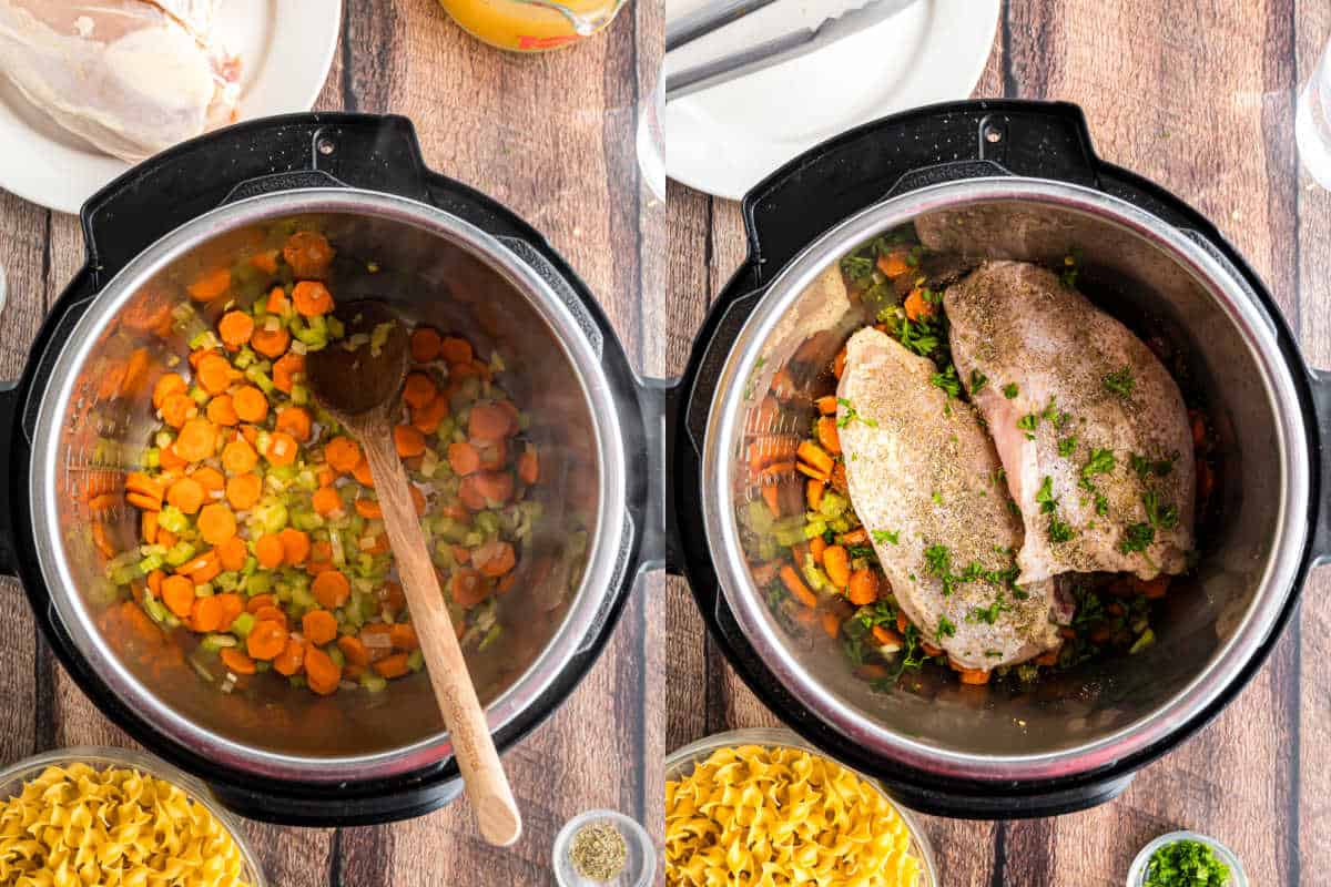 Split image: left, carrots and celery sautéing in an Instant Pot for chicken noodle soup; right, seasoned chicken breasts added on top.