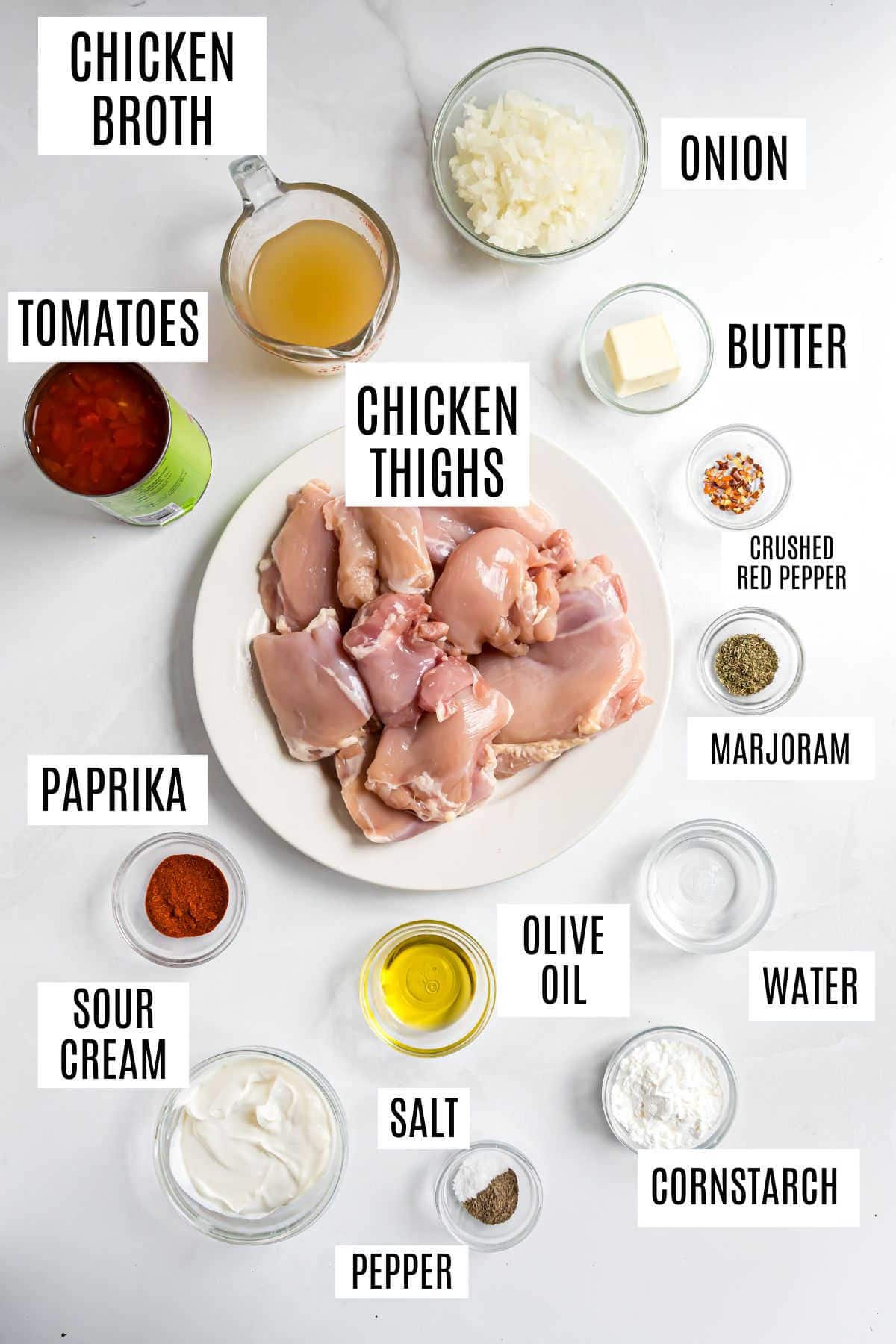 Raw chicken thighs on a plate, surrounded by labeled bowls of seasonings, vegetables, and liquids—perfect for making flavorful instant pot chicken paprikash.