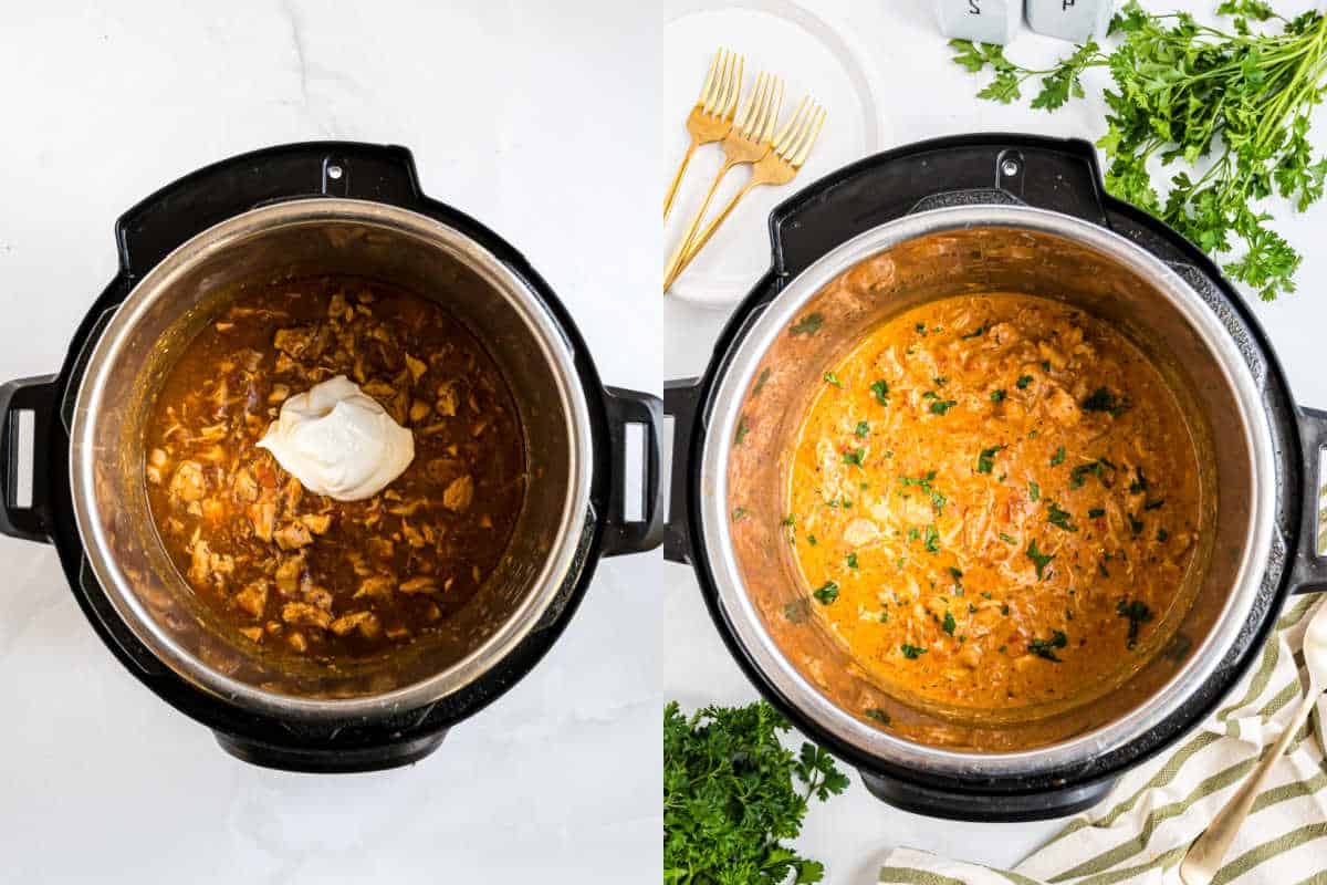 Two Instant Pots with creamy, orange instant pot chicken paprikash: one topped with sour cream, the other mixed smooth and garnished with fresh herbs.