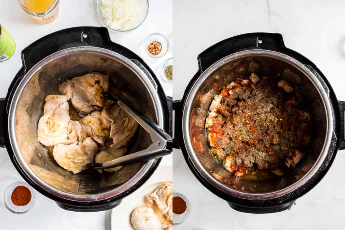 Two images of Instant Pot chicken paprikash: left with browned chicken, right with chicken, tomatoes, and seasonings added.