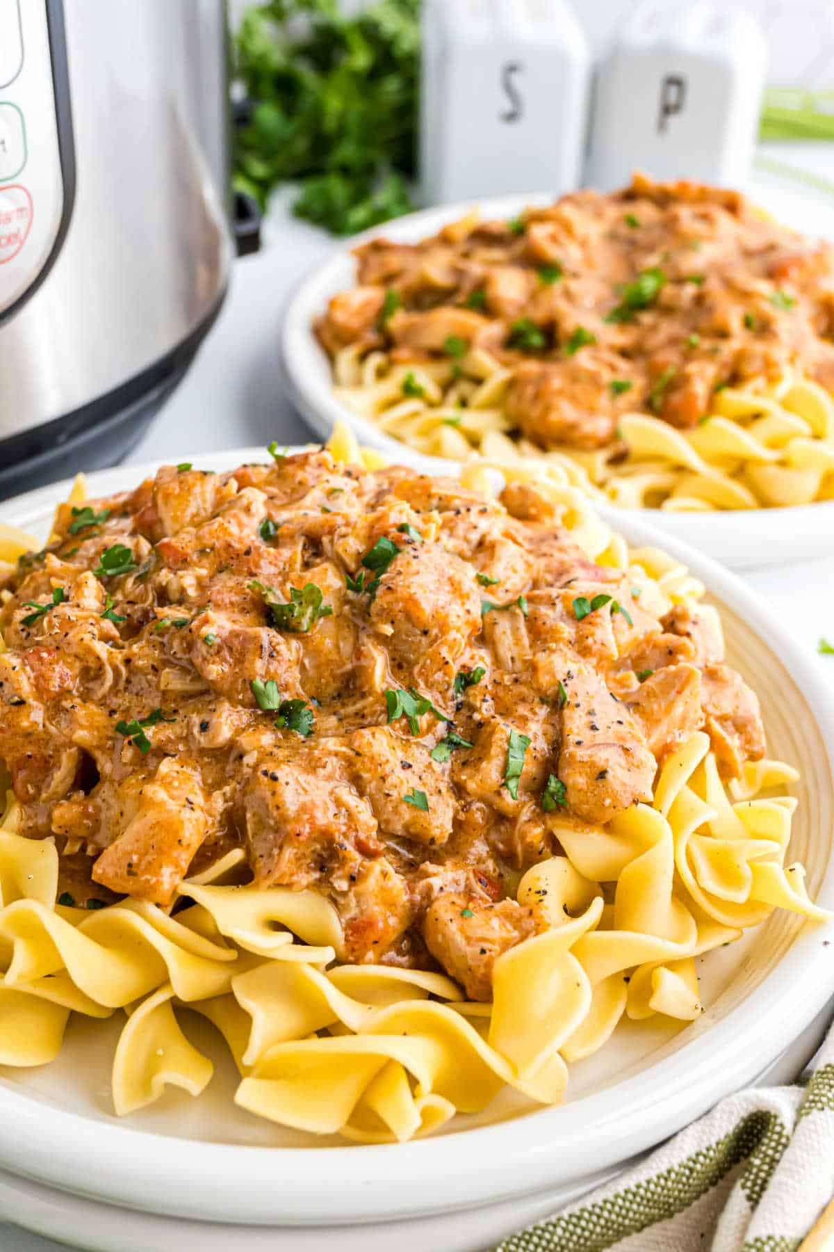 Two plates of creamy instant pot chicken paprikash stroganoff served over egg noodles, garnished with parsley.
