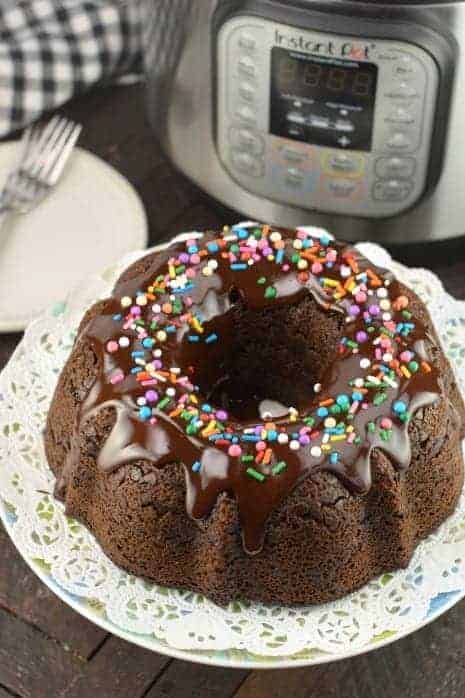 Instant Pot Chocolate Bundt Cake with sprinkles