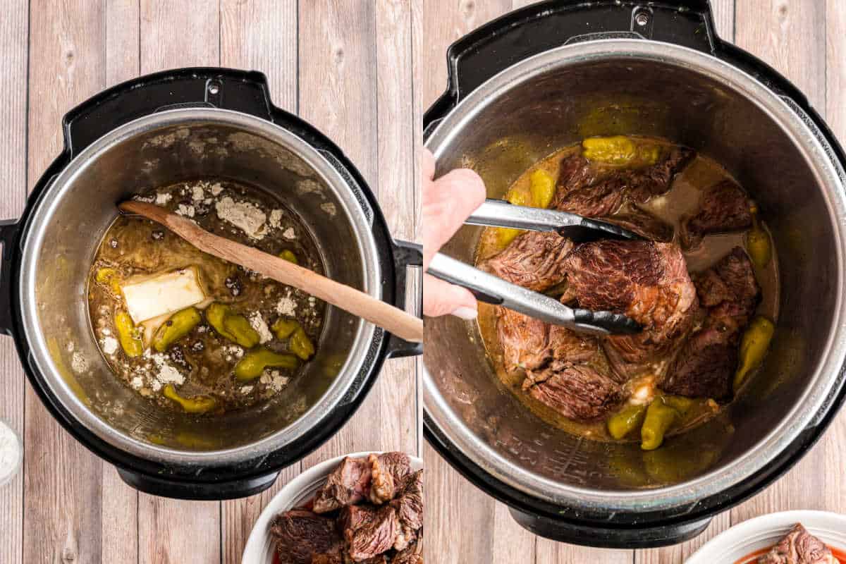 Step by step photos showing how to pressure cook pot roast.