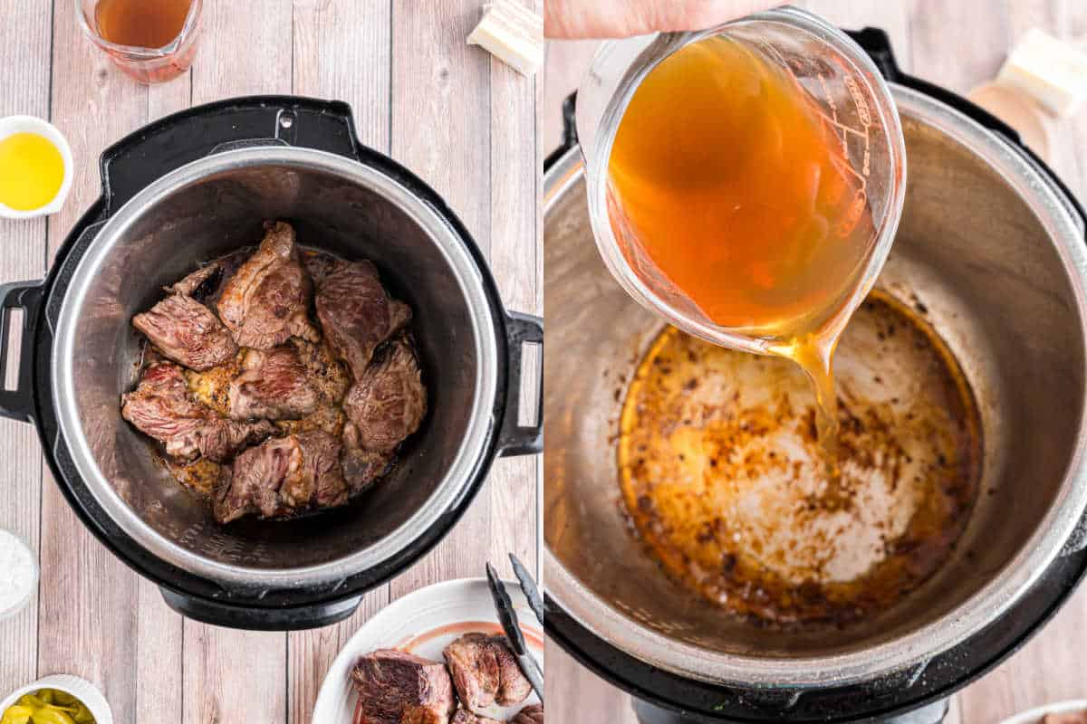 Step by step photos showing how to sear beef in instant pot.