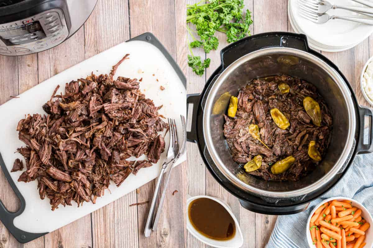 Step by step photos showing how to shred beef in Instant Pot.