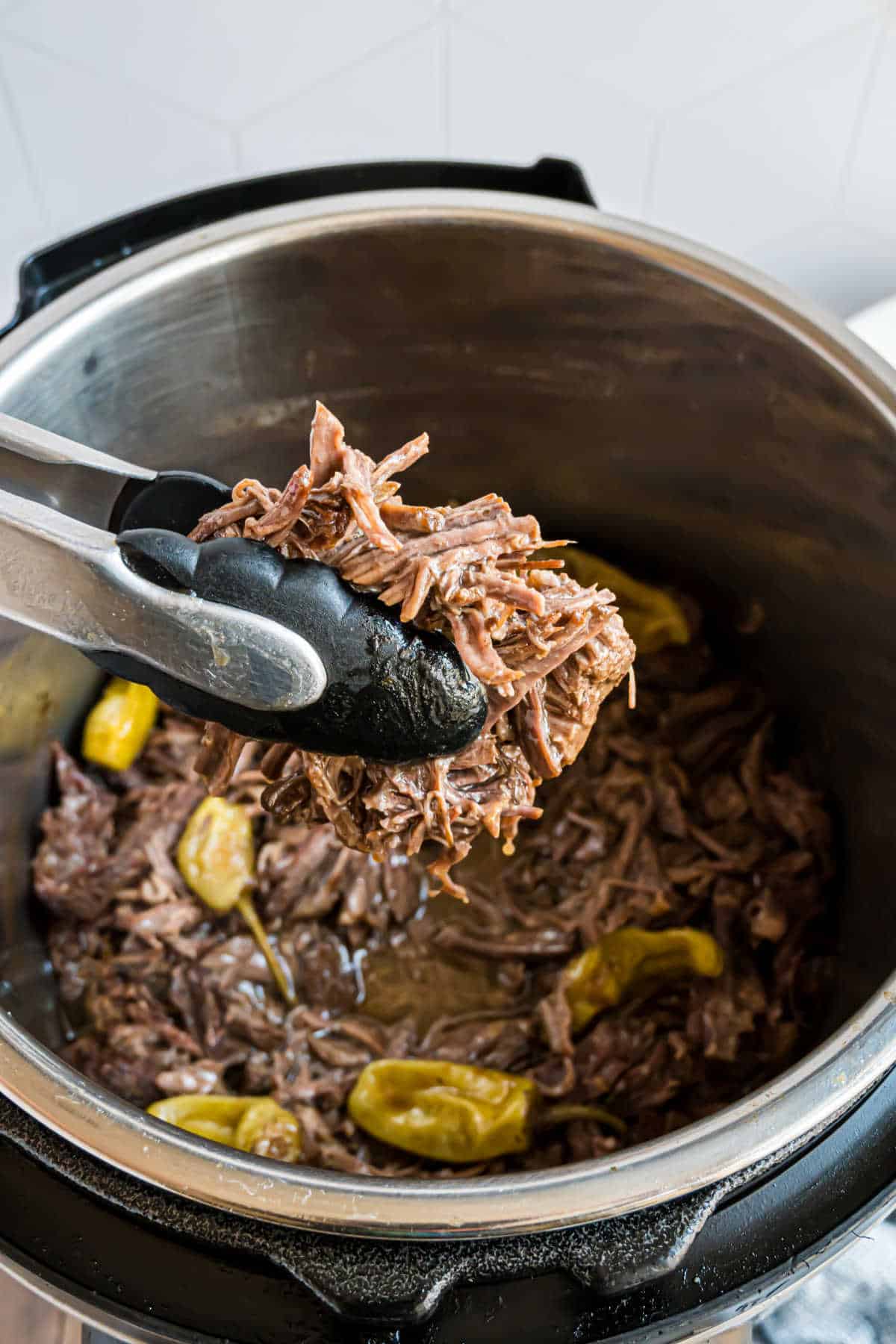 Pulled pot roast with pepperoncini in the instant pot.