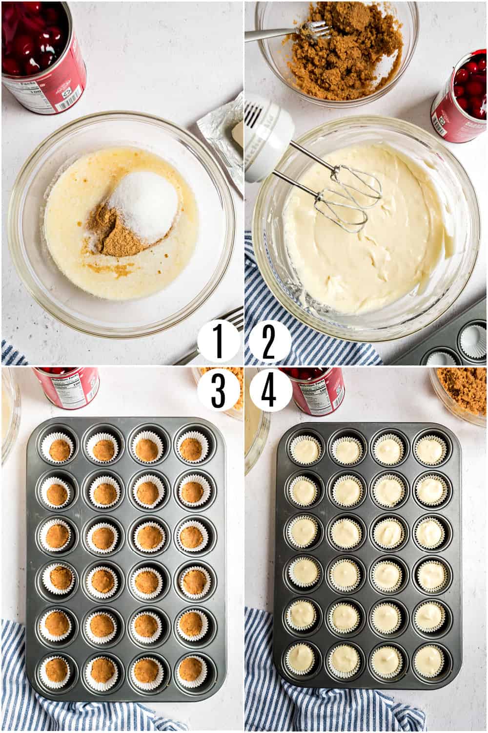 Step by step photos showing how to make mini cherry cheescakes.