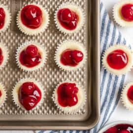 These Mini Cherry Cheesecakes show up at all holidays in our family. Just like a full-size cheesecake, these bite-sized treats are packed with creamy flavor! Add your favorite pie filling topper!