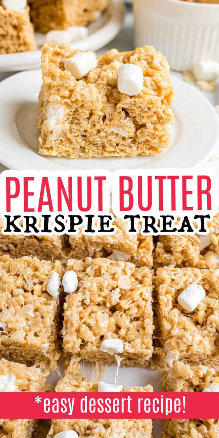 A peanut butter rice krispie treat topped with marshmallows, with more peanut butter rice krispie treats arranged on a tray nearby.