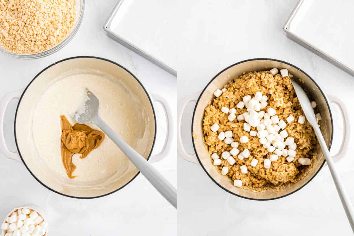 Two images: melting peanut butter in a pot and mixing mini marshmallows with rice cereal in another pot for delicious peanut butter Rice Krispie treats.