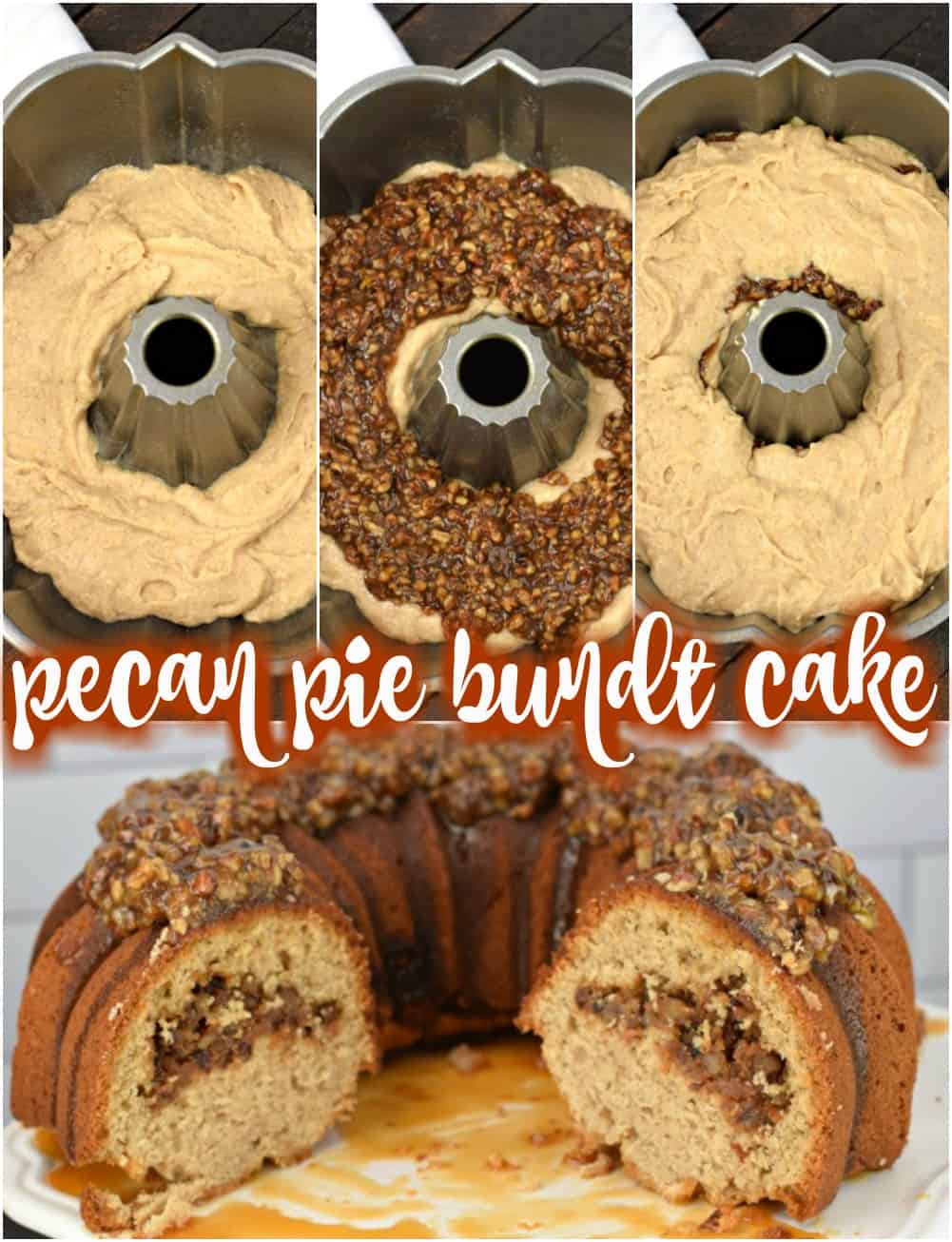 Delicious, moist cinnamon bundt cake with pecan pie filling and topped with a nutty pecan pie topping! This Pecan Pie Bundt Cake recipe is a holiday show stopper, and the perfect Thanksgiving dessert. Step by step photos showing how to make pecan pie cake.