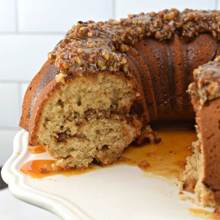 Bundt cake with pecan pie filling and topping.