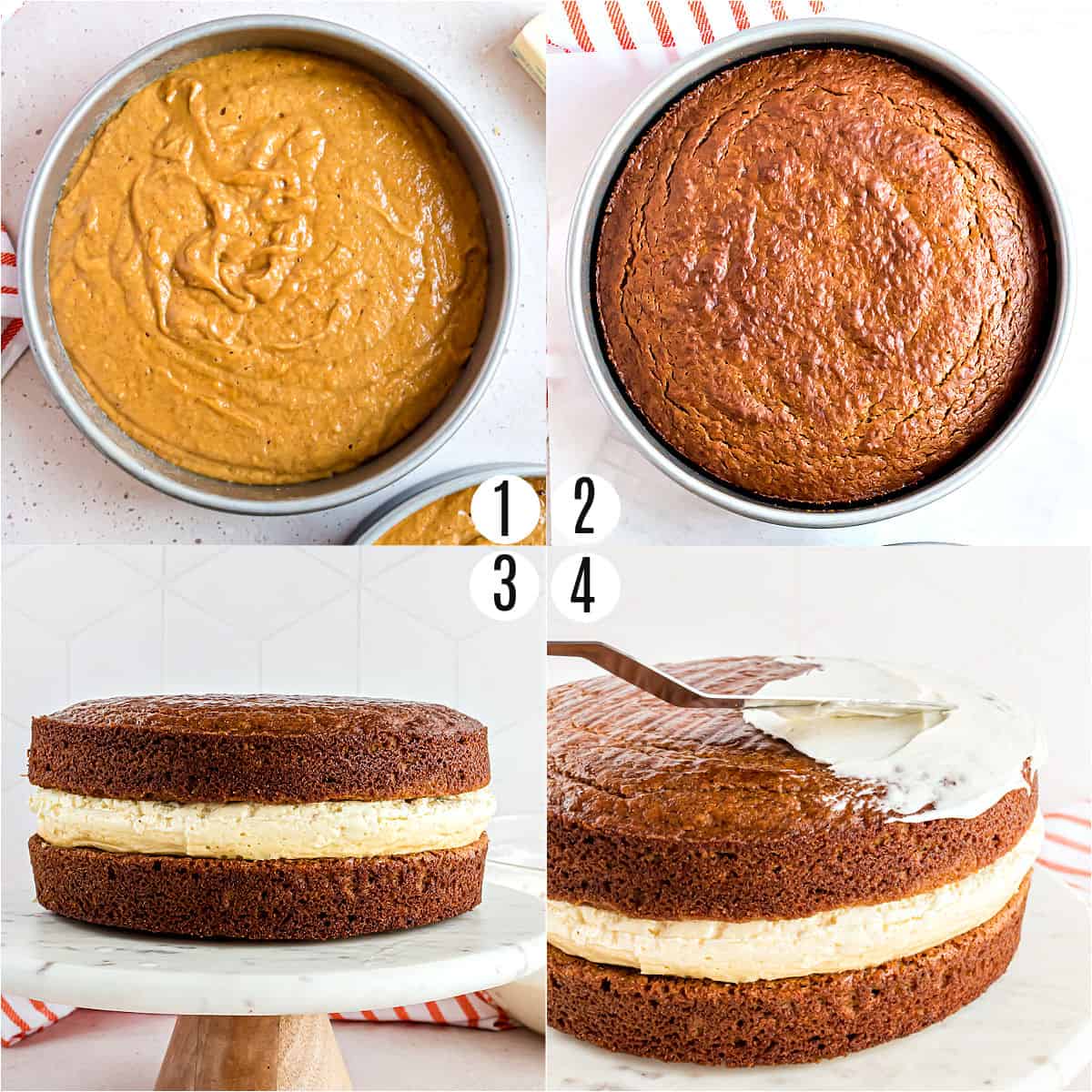 Step by step photos showing how to make pumpkin cheesecake cake.