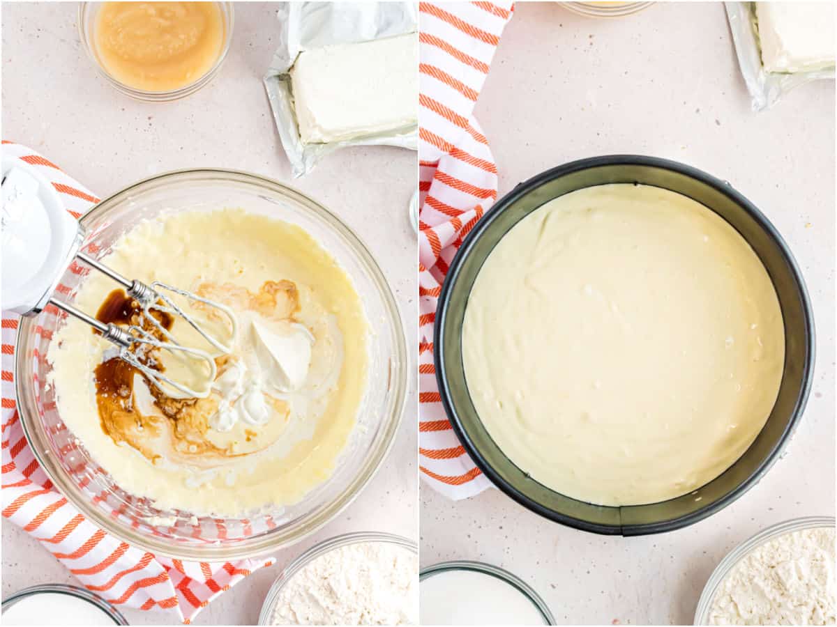 Photos showing how to make cheesecake layer.