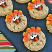 Easy to assemble Turkey Rice Krispie Treats decorated for Thanksgiving! Soft and chewy krispie treats with an adorable turkey topping! Let the kids help create their own!