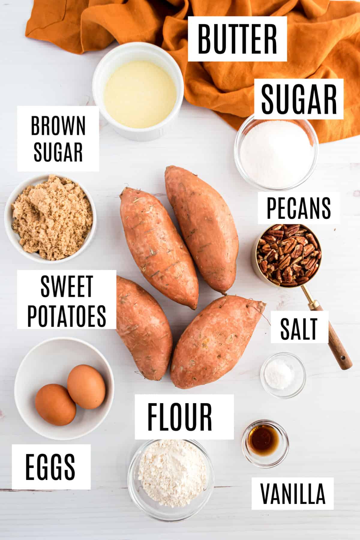 Ingredients needed for sweet potato casserole with pecan topping.