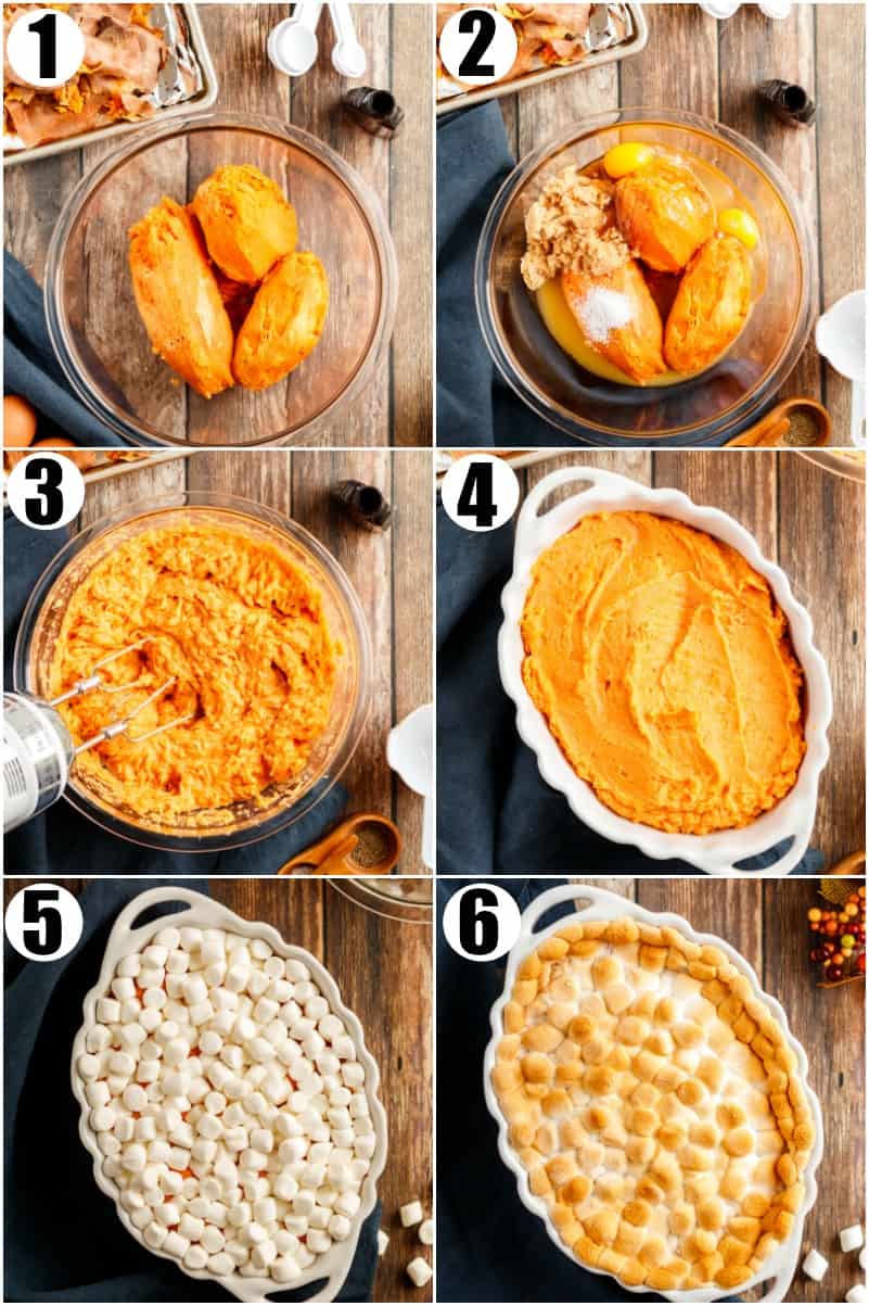 Step by Step photo instructions to make sweet potato casserole with marshmallows