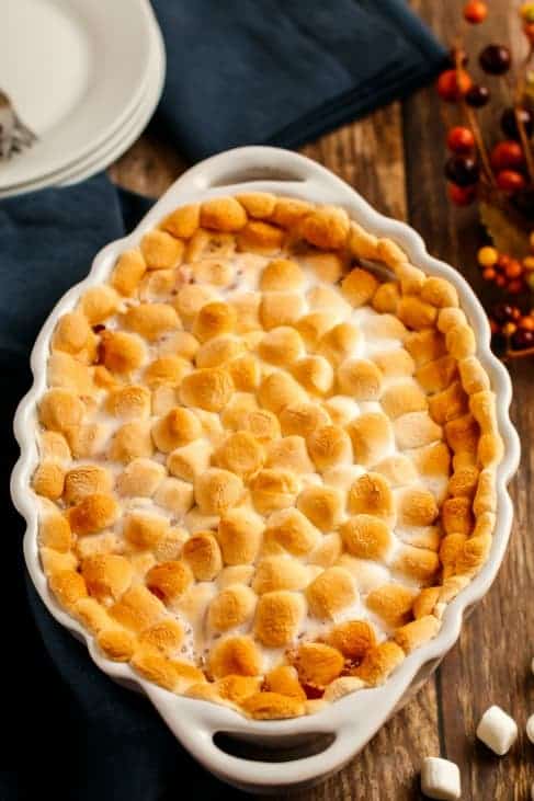 Sweet Potato Casserole dish with toasted marshmallow on top