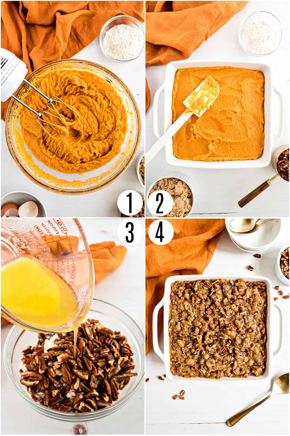 Step by step photos showing how to make sweet potato casserole.