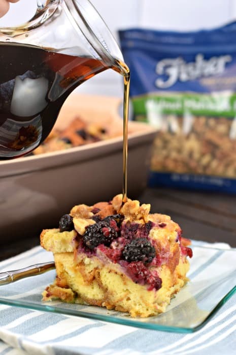 This EASY  Berry Walnut French Toast Casserole recipe is made with Brioche Bread and topped with a sugared walnut and berry mixture for extra flavor! Bake it immediately, or make it ahead and refrigerate overnight. Treat your family to a delicious weekend breakfast!
