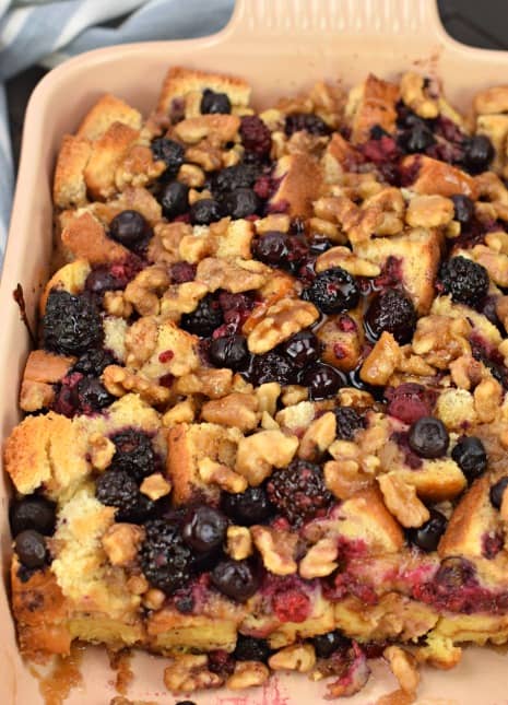 This EASY  Berry Walnut French Toast Casserole recipe is made with Brioche Bread and topped with a sugared walnut and berry mixture for extra flavor! Bake it immediately, or make it ahead and refrigerate overnight. Treat your family to a delicious weekend breakfast!