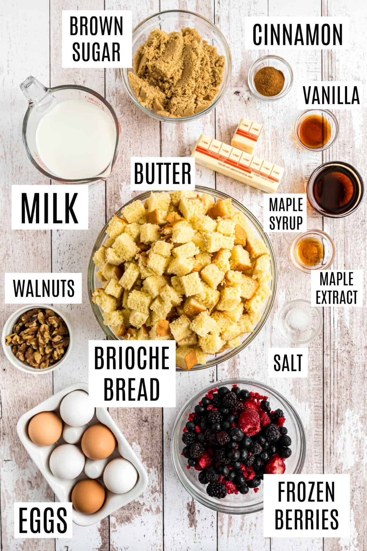 Ingredients needed to make berry french toast casserole.